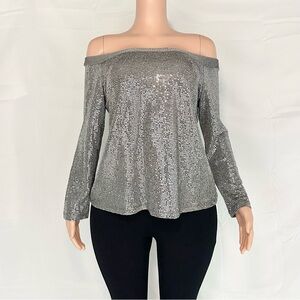 CLARA SUNWOO Silver Sequin Off-Shoulder Blouse